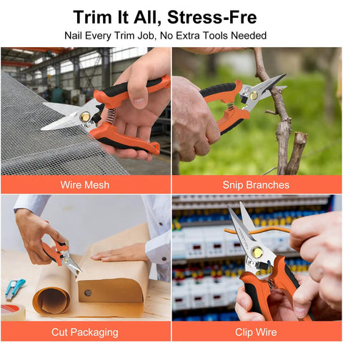 7 Inch Heavy Duty Gravity Shears With Micro Serrated Japanese SUS420J2 Blades, shown cutting wire mesh, branches, packaging, and wire