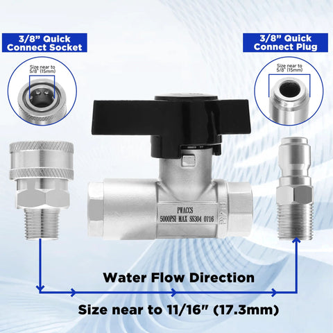 PWACCS ball valve pressure washer front view; stainless steel 3/8 in quick-connect shut-off with black handle