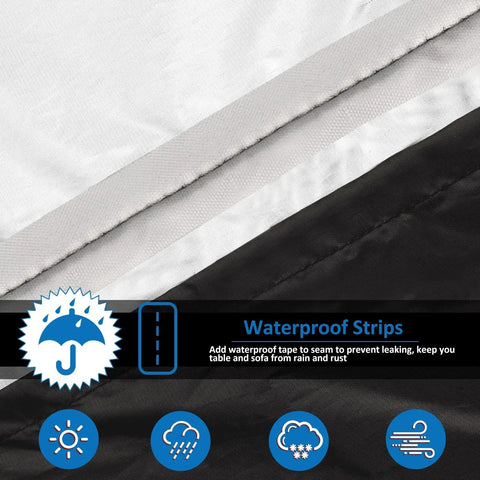 Detailed view of waterproof strips on the Waterproof Patio Furniture Cover For Square Table And Chairs 55 Inch By 55 Inch By 35 Inch With Storage Bag Heavy Duty All Weather Outdoor Protection From Rain UV Snow Dust.