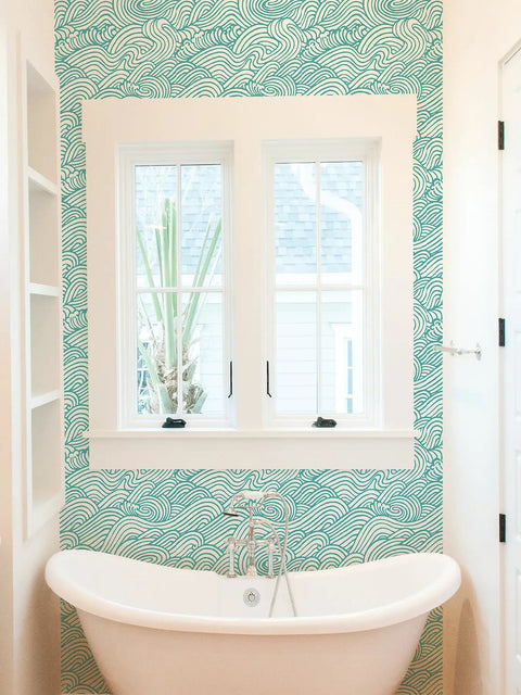 Saybrook Teal Peel And Stick Wallpaper With Aqua Wave Pattern For Renters And DIY Lovers in bathroom setting