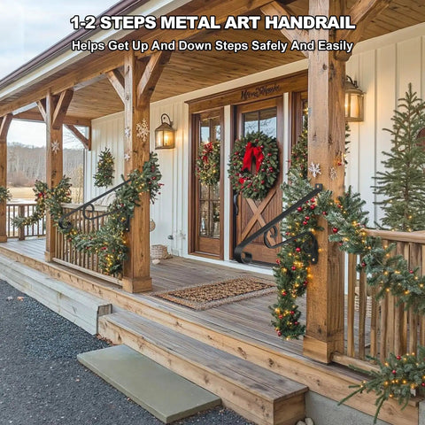 Heavy Duty Wall Mounted Outdoor Stair Handrails Sized Perfect For One To Two Steps Sleek Wrought Art Grab Rail on porch.
