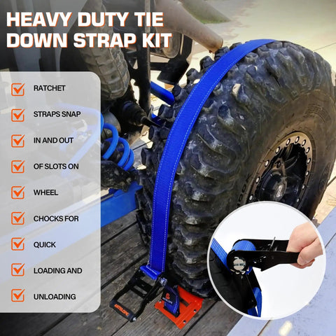 Close-up of Beefy Heavy Duty Wheel Chock And Tie Down Kit With 4400Lb Break Strength Trailer Tire Straps for ATV securing.