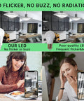Image comparing Ridiculously Bright A21 LED Bulbs 23W 150W-200W Equivalent 2500 Lumen 5000K Daylight White E26 to poor quality LED, showing no flicker or buzz.