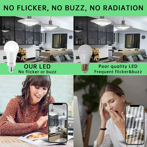 Image comparing Ridiculously Bright A21 LED Bulbs 23W 150W-200W Equivalent 2500 Lumen 5000K Daylight White E26 to poor quality LED, showing no flicker or buzz.