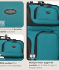 Teal Lightweight Softside Carry On Roller Luggage With 2 Wheels Deluxe Retractable Push Button Self Locking Handle Corner Protected Durable Polyester Build Affordable Travel Set For Easy Airport Navigation, features durable 1200D polyester and multiple zippered pockets for storage