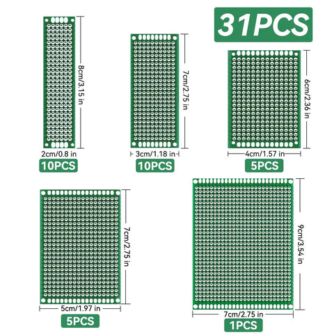 104 Piece Double Sided PCB Board Kit For DIY Soldering And Electronics Projects With Arduino Compatibility, proto board sizes shown
