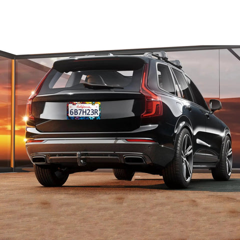Dope Stainless Steel License Plate Frame With Marble Flower Floral Pattern on SUV at sunset, rear view