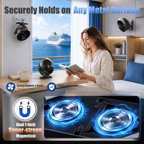 Rechargeable Magnetic Travel Fan With 12000mAh Battery And Power Bank Mode mounted on metal surface, cooling a woman reading.