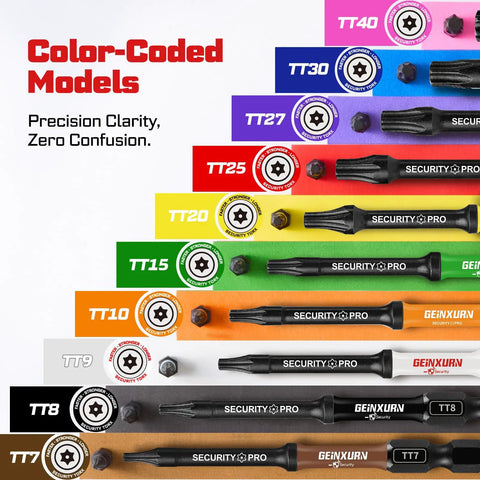 Heavy Hitter Impact Security Torx Bit Set Featuring Magnetic S2 Steel Star Drivers covering TT7 through TT40 sizes, color-coded for easy identification.