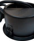 Power Tap Grommet with Hidden Center, 5.27 inch cutout, metal design, showing locking shims and coiled cord for desk setup