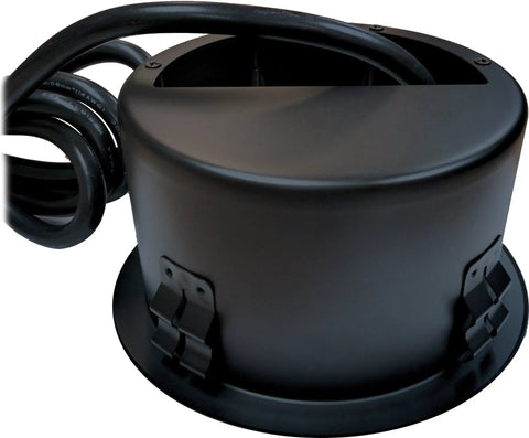 Power Tap Grommet with Hidden Center, 5.27 inch cutout, metal design, showing locking shims and coiled cord for desk setup