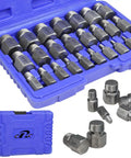 25 Piece Screw Extractor And Bolt Remover Set For Removing Broken Stripped And Frozen Screws And Bolts From One Eighth Inch To Seven Eighth Inch With Hex Head MultiSpline Design Pro Grade Easy Out Tool Kit For Quick Diy Repairs in a blue case
