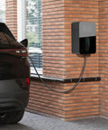 Heavy Duty EV Charger Wall Box Featuring Straight Up Dual Lock Security And All Weather Shell Designed For Tesla Charging Cables mounted on brick wall.