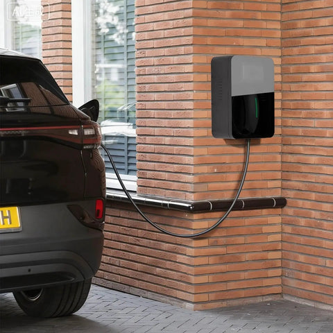 Heavy Duty EV Charger Wall Box Featuring Straight Up Dual Lock Security And All Weather Shell Designed For Tesla Charging Cables mounted on brick wall.