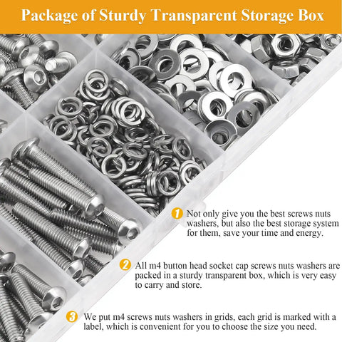 Top Shelf M4 Screw Nut Washer Assortment Kit Stuffed With 385 Pieces Of Fully Threaded 304 Stainless Steel Fasteners organized in transparent storage box.
