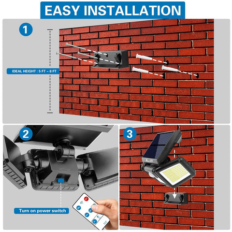 Installation guide for Solar Motion Sensor Flood Lights Outdoors Three Head Design With Wide Coverage And Motion Activated.