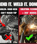 10 Inch Flexible MIG Gun Extension For Tight Spaces Pro Grade Heavy Duty Universal Fit For Gas And Flux Core Welding With Patented Low Restriction Design in use showing 360-degree access under vehicle