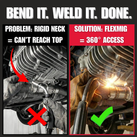 10 Inch Flexible MIG Gun Extension For Tight Spaces Pro Grade Heavy Duty Universal Fit For Gas And Flux Core Welding With Patented Low Restriction Design in use showing 360-degree access under vehicle