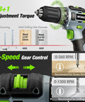 Close-up of a 20V Cordless Drill Driver Set With 157 Piece Home Tool Kit Including Drill Bits Sockets And Screwdrivers Plus A 14 Inch Wide Mouth Storage Bag For Easy Home Repairs Green Great For Home Projects And Quick Repairs, featuring torque settings and 2-speed gear control labels.