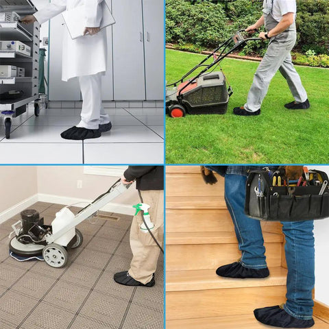 Reusable Boot And Shoe Covers For Real Estate Pros Water Resistant Non Skid And Washable To Keep Floors Carpets Footwear And Rooms Clean On The Job 2 Pairs Large Black being used in different work scenarios including healthcare, gardening, cleaning, and repair.