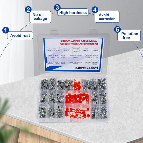 Grease Nipple Fittings Kit with 15 fittings, lubrication connectors, locking caps in storage box for industrial machinery use.