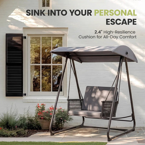 Porch Swing With Stand And Canopy For Outdoors All Weather Heavy Duty Swing Chair With 400 Lb Capacity in garden setting