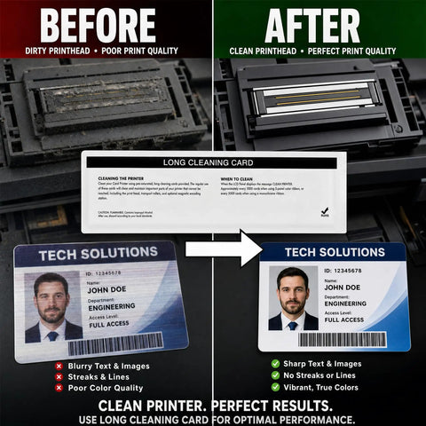 Before and after comparison showing printhead cleaning results using 24 Pack Printer Cleaning Card Kit For Zebra Zxp Series 7 Includes T586 Long And T239 Magnetic Encoder Sheets To Scrub Off Grit And Keep Your ID Printer Humming Smooth Without Any Annoying Jams Or Glitches Ever Again.
