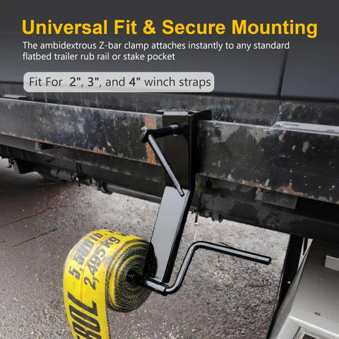 Heavy Duty Steel Cargo Strap Winder For Flatbed Trailers Portable Tie Down Roller mounted on trailer rail with 4-inch winch strap