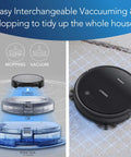 Image showcasing DEEBOT 661 Cordless Robotic Vacuum with interchangeable dustbin and water tank for vacuuming and mopping modes.