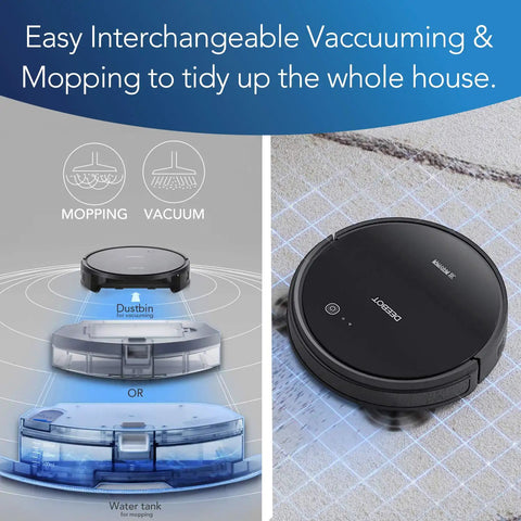Image showcasing DEEBOT 661 Cordless Robotic Vacuum with interchangeable dustbin and water tank for vacuuming and mopping modes.