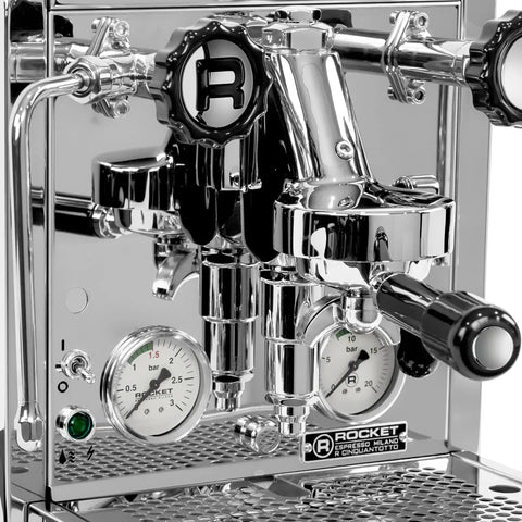 Front view of Cinquantotto Dual Boiler Espresso Machine With PID Touchscreen And Auto On Timer Stainless Steel Finish