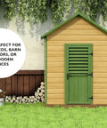 Wooden shed with green door featuring eight inch heavy duty hinges for shed doors and barn doors pack of four decorative wood fence hinges.