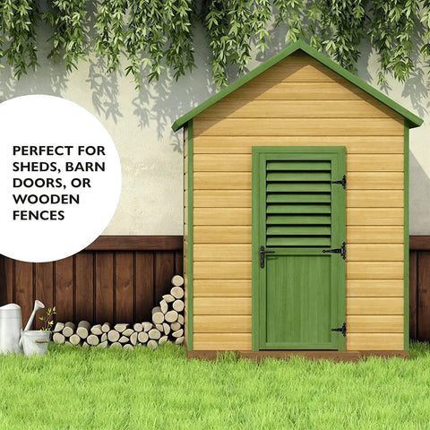 Wooden shed with green door featuring eight inch heavy duty hinges for shed doors and barn doors pack of four decorative wood fence hinges.