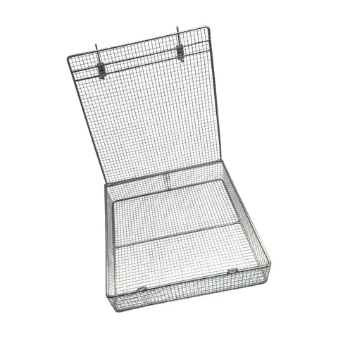Stainless Steel Mesh Parts Washing Basket With Double Locking Lid For Secure Storage And Parts Cleaning, Rust Resistant Heavy Duty Organizer Tray, 11 By 11 By 3 Inches, open view