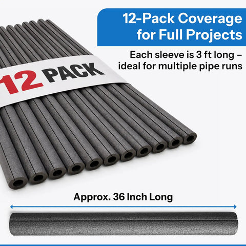 Solid Choice Pre Slit Foam Pipe Insulation Covers 12 Pack Three Foot Durable Foam Tube for Copper PVC and Iron Plumbing showing 12 gray foam tubes.