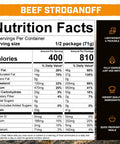 Hearty Beef Stroganoff Freeze Dried Backpacking Meal Just Add Water nutritional facts label with serving details and ingredients.