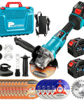 Cordless 5 Inch Angle Grinder Kit with 2x6.0Ah batteries 125mm 10000 RPM brushless motor, discs, and accessories