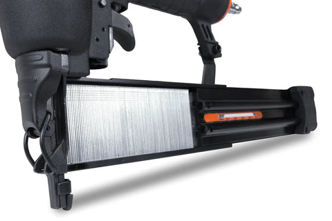 Close-up of Heavy Duty Workhorse 18 Gauge Pneumatic Brad Nailer And Quarter Inch Crown Stapler Combo showing quick release magazine.