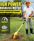 Man using Cordless 20V Tiller Tool Only With 300W Brushless Motor, 8 Inch Tilling Width, 6.3 Inch Depth, 330 RPM, in a garden