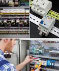 Heavy Duty Electric Din Rail Cutter With Slick Dual Groove Design For Knockout Straight Cuts On 35mm Aluminum And Steel Guide Rails No Sweat Portable Power Tool For Electrical Techs And Rough Site Work Daily in an electrical panel setting.