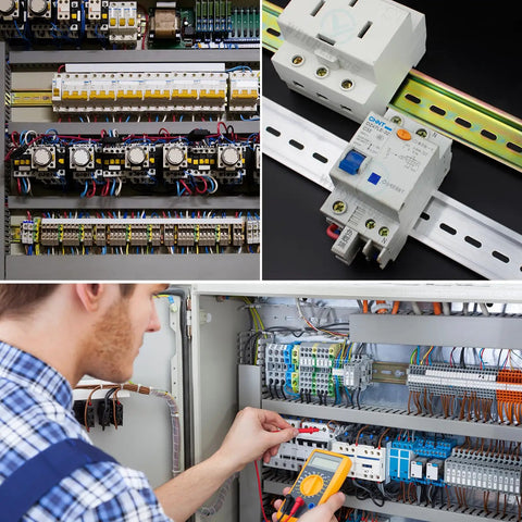 Heavy Duty Electric Din Rail Cutter With Slick Dual Groove Design For Knockout Straight Cuts On 35mm Aluminum And Steel Guide Rails No Sweat Portable Power Tool For Electrical Techs And Rough Site Work Daily in an electrical panel setting.
