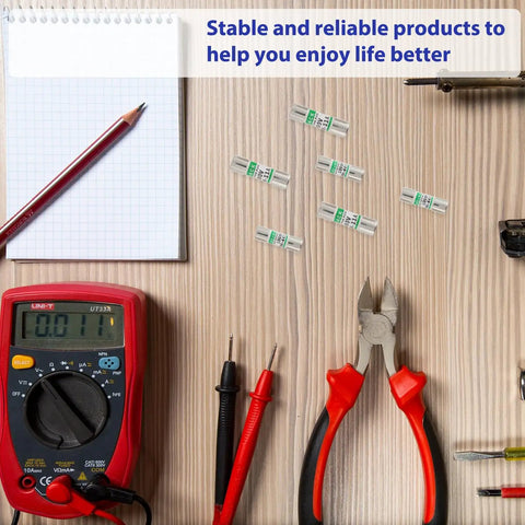 Fast Acting Replacement Fuses For Digital Multimeters 11A 1000V And 440mA 1000V Pack Of 6 laid on workbench with tools