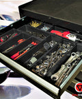 Six Piece Tool Box Organizer Tray Set Pro Grade With Non Slip Dividers For Rolling Chest Drawers filled with tools and hardware