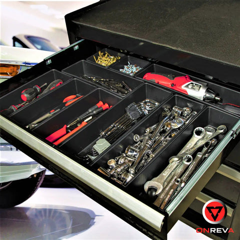 Six Piece Tool Box Organizer Tray Set Pro Grade With Non Slip Dividers For Rolling Chest Drawers filled with tools and hardware