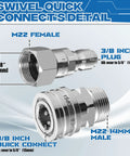Stainless Steel Pressure Washer Swivel Adapter 360 Degree Quick Connect From M22 14mm To Three Eighth Inch For High Pressure Hoses Up To 5000 PSI Anti Tangle Design Heavy Duty Quick Disconnect Pack Of Four, detailed connectors front view.