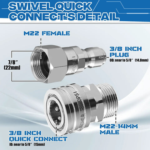 Stainless Steel Pressure Washer Swivel Adapter 360 Degree Quick Connect From M22 14mm To Three Eighth Inch For High Pressure Hoses Up To 5000 PSI Anti Tangle Design Heavy Duty Quick Disconnect Pack Of Four, detailed connectors front view.