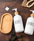 Wooden Dish Soap Dispenser Set With Thick One Inch Tray And Non Slip Base For Modern Boho Farmhouse Kitchen Countertop Decor White Finish