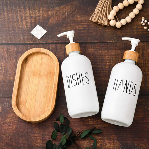 Wooden Dish Soap Dispenser Set With Thick One Inch Tray And Non Slip Base For Modern Boho Farmhouse Kitchen Countertop Decor White Finish