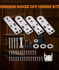 Hidden Bookcase Door Pivot Hinge Kit For Secret Doors With 500 lb Capacity shown with screws and plates in library setting