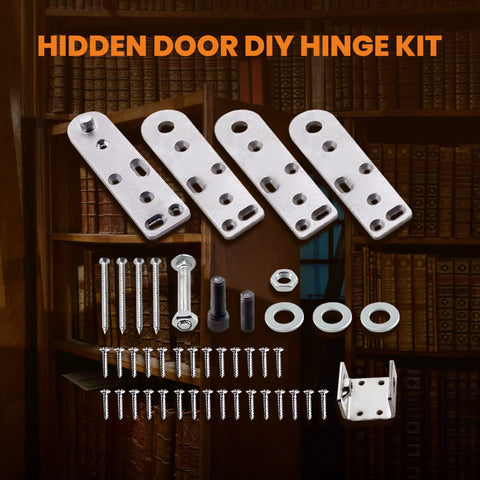 Hidden Bookcase Door Pivot Hinge Kit For Secret Doors With 500 lb Capacity shown with screws and plates in library setting